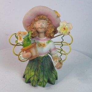 Beautiful Dolgencorp Cute Resin Gardening Fairy Figurine 5" With Floral Pot & Gr
